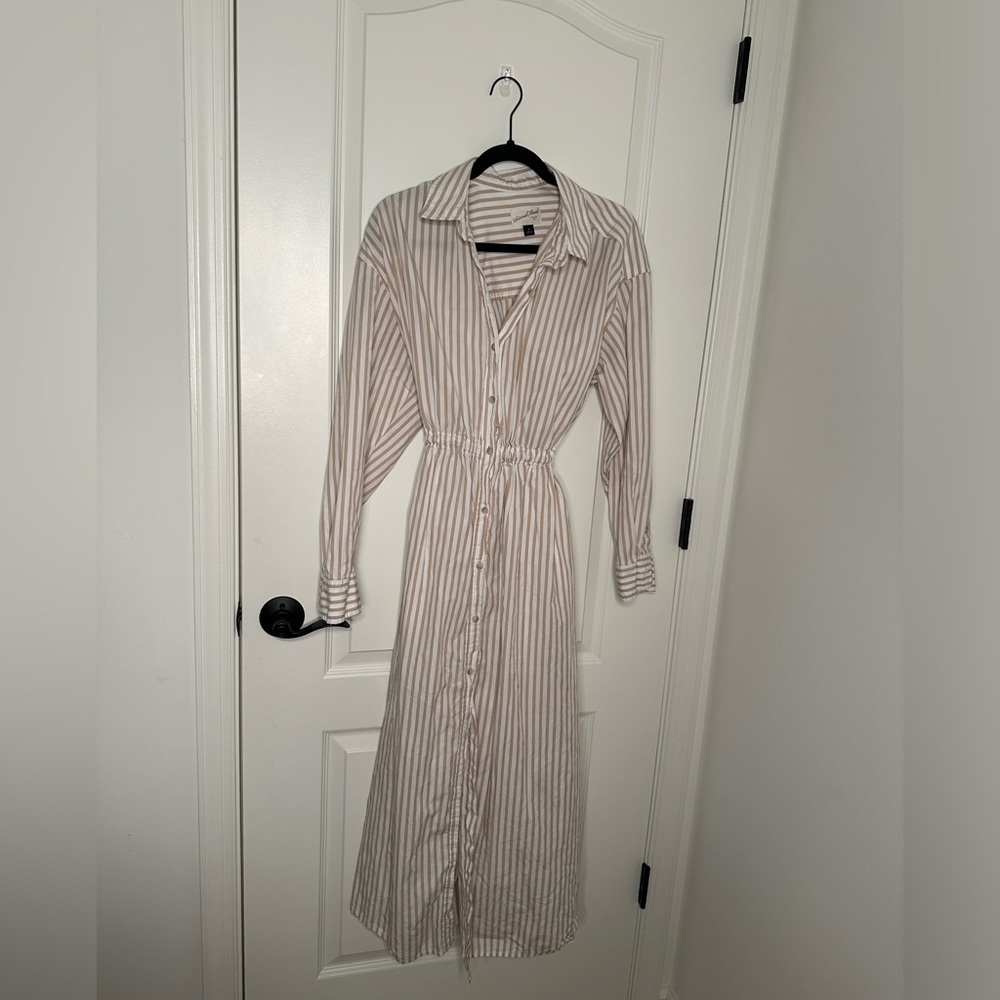 Striped long sleeve maxi linen dress, button down w/ collar